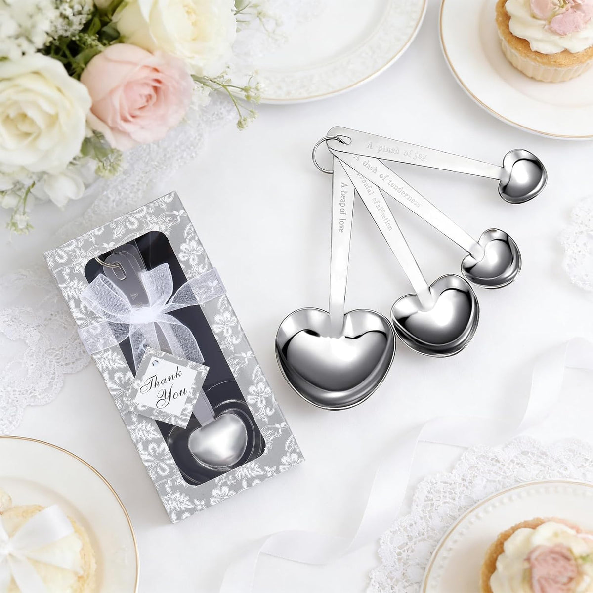 50 Set Heart Measuring Spoons,Pink Wedding Bridal Shower Bulk Return Gifts | Plastic heart measuring spoons with bags and cards. Practical souvenirs for wedding guests and bridal shower favors