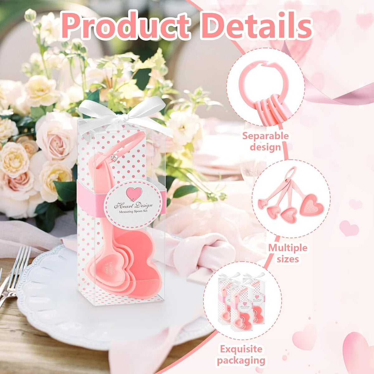 50 Set Heart Measuring Spoons,Pink Wedding Bridal Shower Bulk Return Gifts | Plastic heart measuring spoons with bags and cards. Practical souvenirs for wedding guests and bridal shower favors