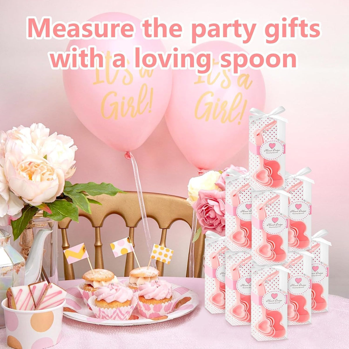 50 Set Heart Measuring Spoons,Pink Wedding Bridal Shower Bulk Return Gifts | Plastic heart measuring spoons with bags and cards. Practical souvenirs for wedding guests and bridal shower favors