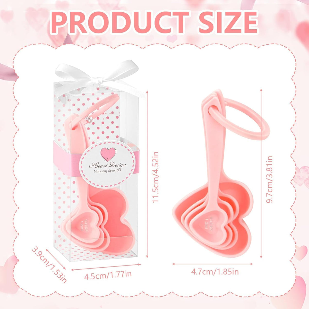 50 Set Heart Measuring Spoons,Pink Wedding Bridal Shower Bulk Return Gifts | Plastic heart measuring spoons with bags and cards. Practical souvenirs for wedding guests and bridal shower favors