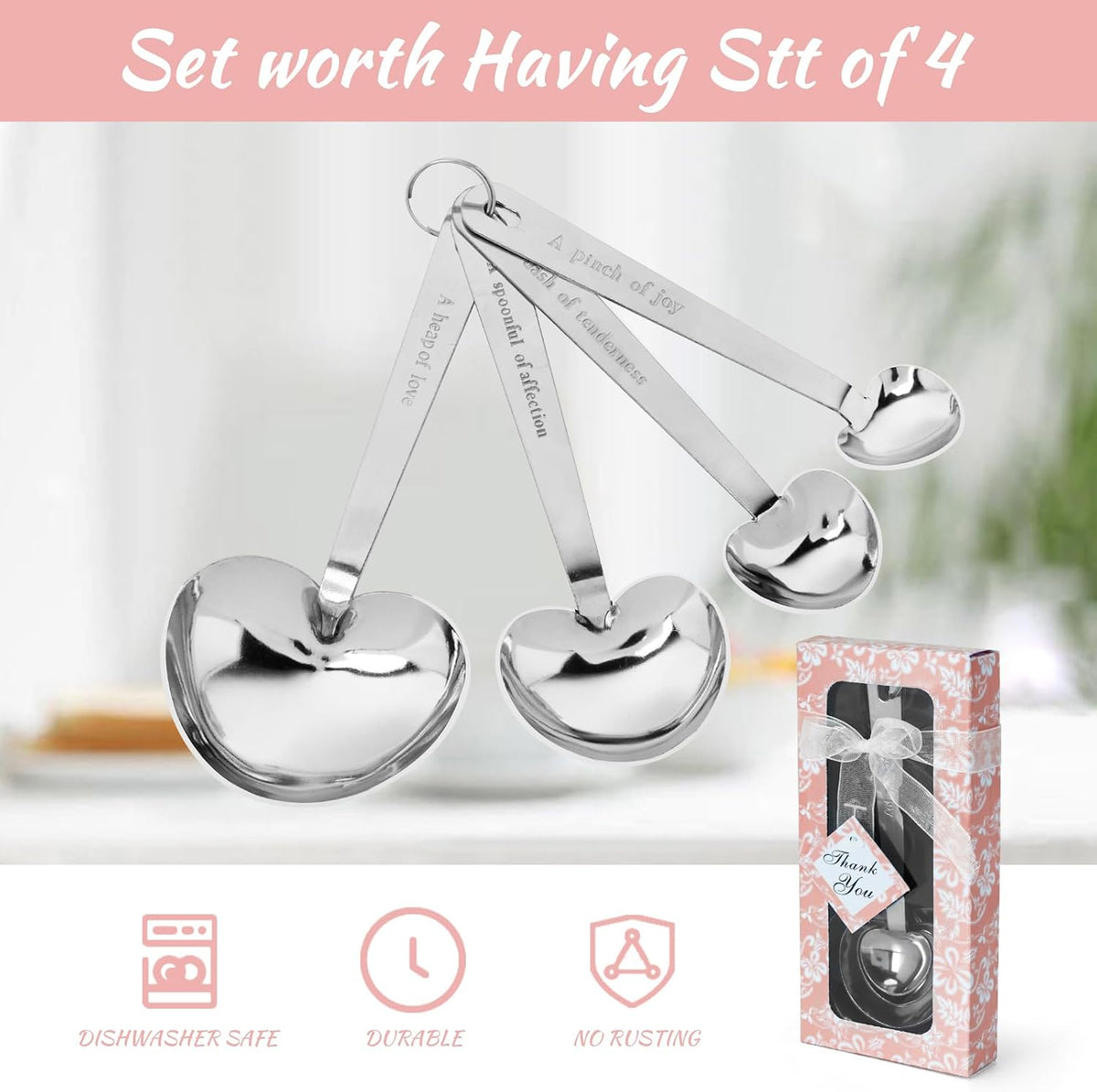 50 Set Heart Measuring Spoons,Pink Wedding Bridal Shower Bulk Return Gifts | Plastic heart measuring spoons with bags and cards. Practical souvenirs for wedding guests and bridal shower favors