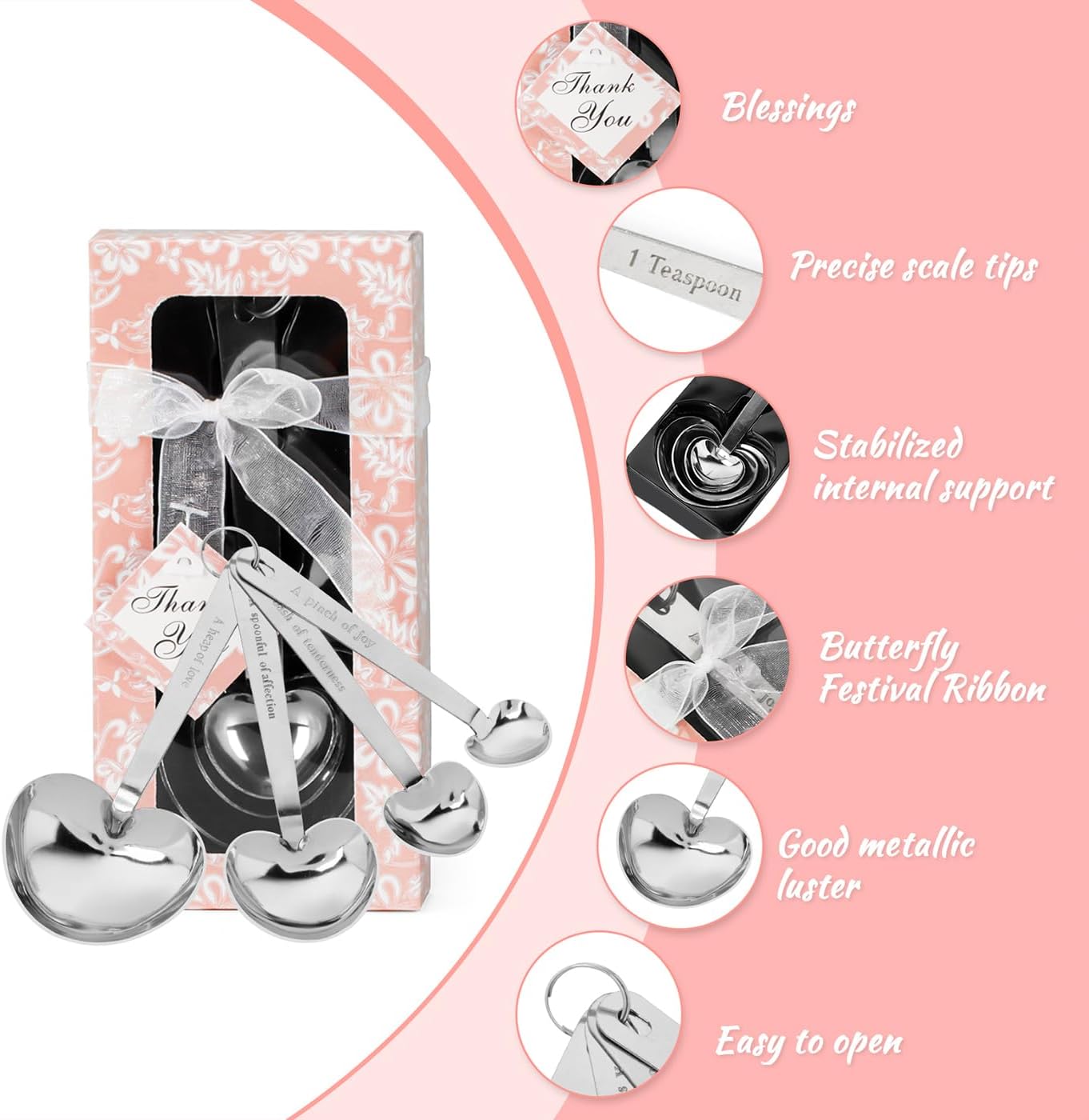 50 Set Heart Measuring Spoons,Pink Wedding Bridal Shower Bulk Return Gifts | Plastic heart measuring spoons with bags and cards. Practical souvenirs for wedding guests and bridal shower favors