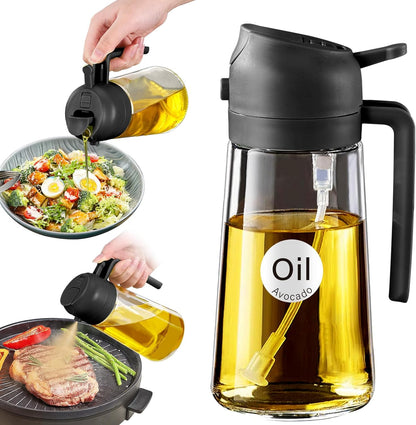 16 oz 2-in-1 Glass Olive Oil Sprayer for Cooking, Black | Food-grade dispenser bottle, 470 ml, spray and pour, portion control, stickers included, for salad, frying and BBQ