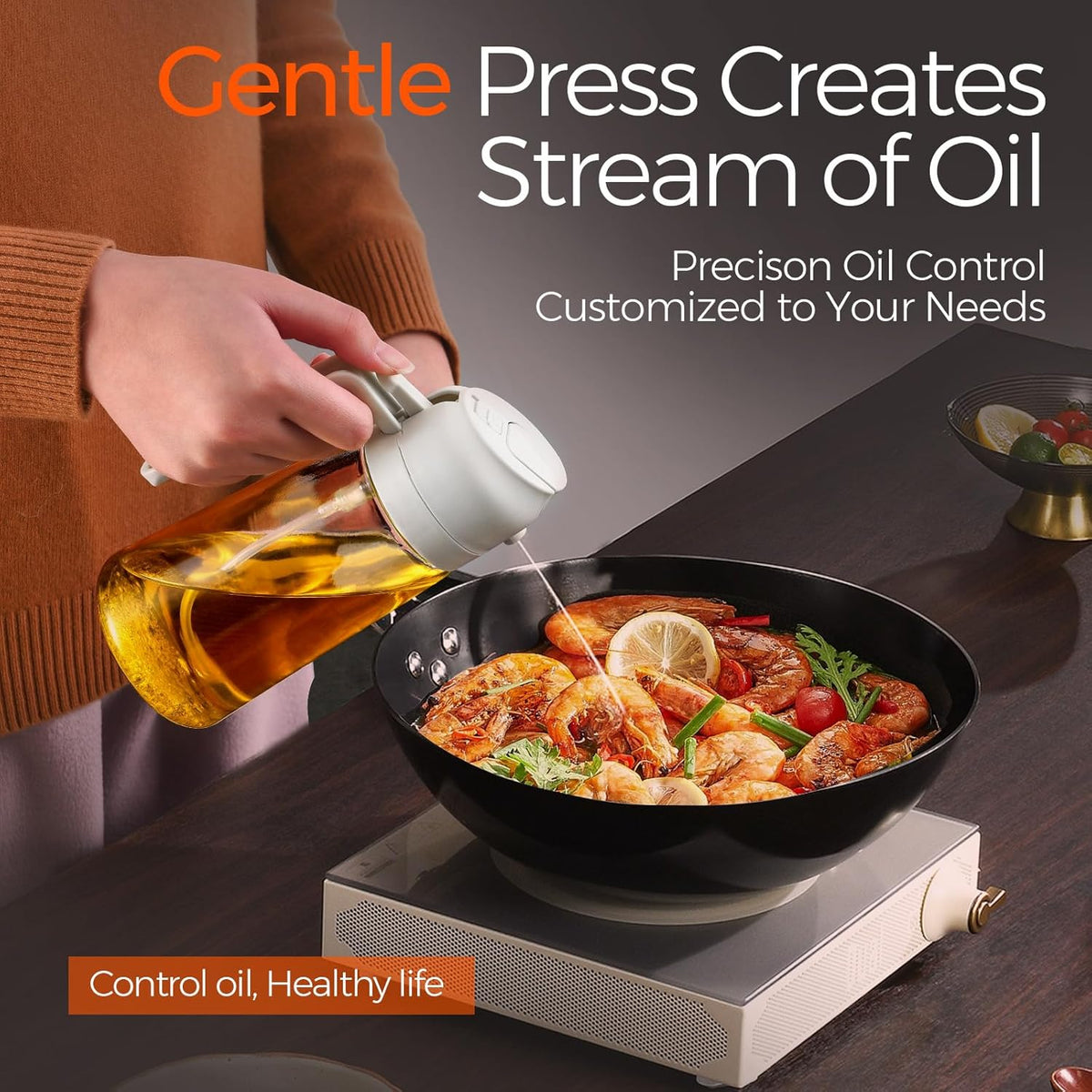 16 oz 2-in-1 Glass Olive Oil Sprayer for Cooking, Black | Food-grade dispenser bottle, 470 ml, spray and pour, portion control, stickers included, for salad, frying and BBQ
