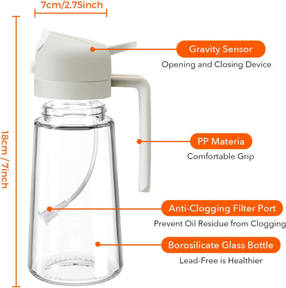 16 oz 2-in-1 Glass Olive Oil Sprayer for Cooking, Black | Food-grade dispenser bottle, 470 ml, spray and pour, portion control, stickers included, for salad, frying and BBQ