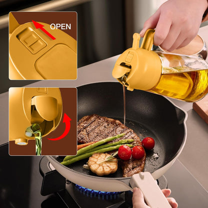 16 oz 2-in-1 Glass Olive Oil Sprayer for Cooking, Black | Food-grade dispenser bottle, 470 ml, spray and pour, portion control, stickers included, for salad, frying and BBQ