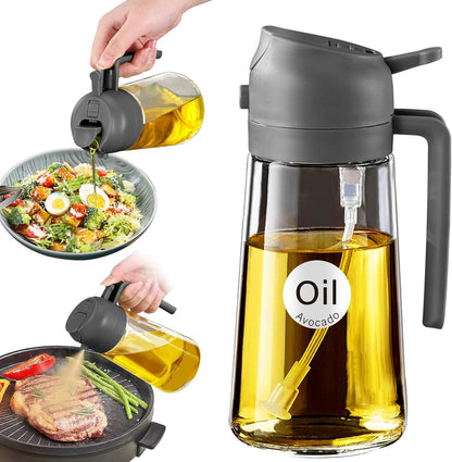 16 oz 2-in-1 Glass Olive Oil Sprayer for Cooking, Black | Food-grade dispenser bottle, 470 ml, spray and pour, portion control, stickers included, for salad, frying and BBQ