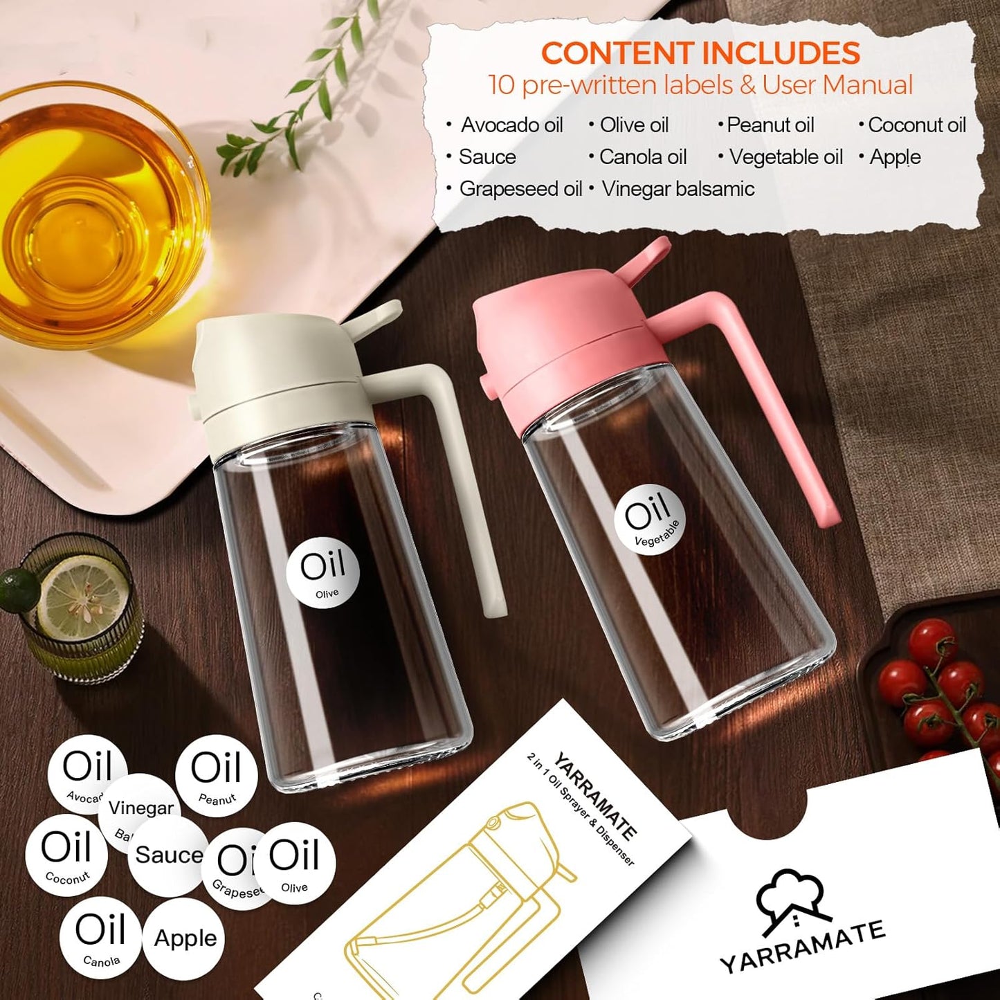 16 oz 2-in-1 Glass Olive Oil Sprayer for Cooking, Black | Food-grade dispenser bottle, 470 ml, spray and pour, portion control, stickers included, for salad, frying and BBQ