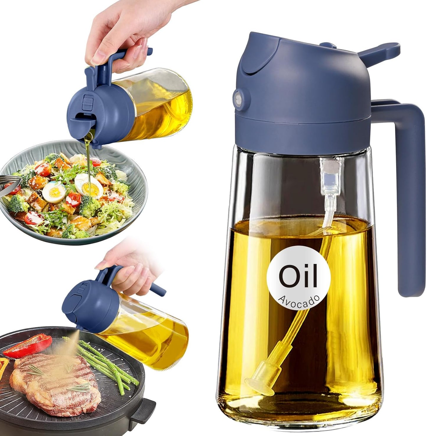 16 oz 2-in-1 Glass Olive Oil Sprayer for Cooking, Black | Food-grade dispenser bottle, 470 ml, spray and pour, portion control, stickers included, for salad, frying and BBQ
