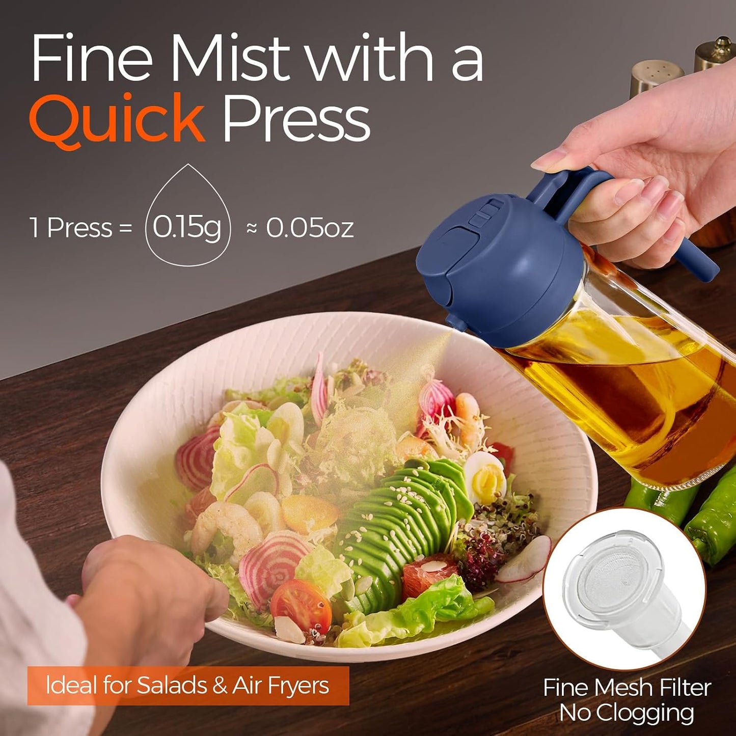16 oz 2-in-1 Glass Olive Oil Sprayer for Cooking, Black | Food-grade dispenser bottle, 470 ml, spray and pour, portion control, stickers included, for salad, frying and BBQ