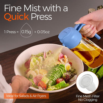 16 oz 2-in-1 Glass Olive Oil Sprayer for Cooking, Black | Food-grade dispenser bottle, 470 ml, spray and pour, portion control, stickers included, for salad, frying and BBQ