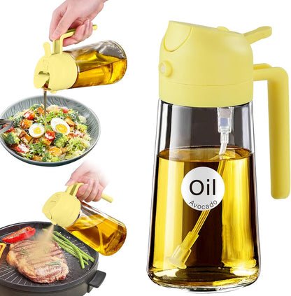 16 oz 2-in-1 Glass Olive Oil Sprayer for Cooking, Black | Food-grade dispenser bottle, 470 ml, spray and pour, portion control, stickers included, for salad, frying and BBQ