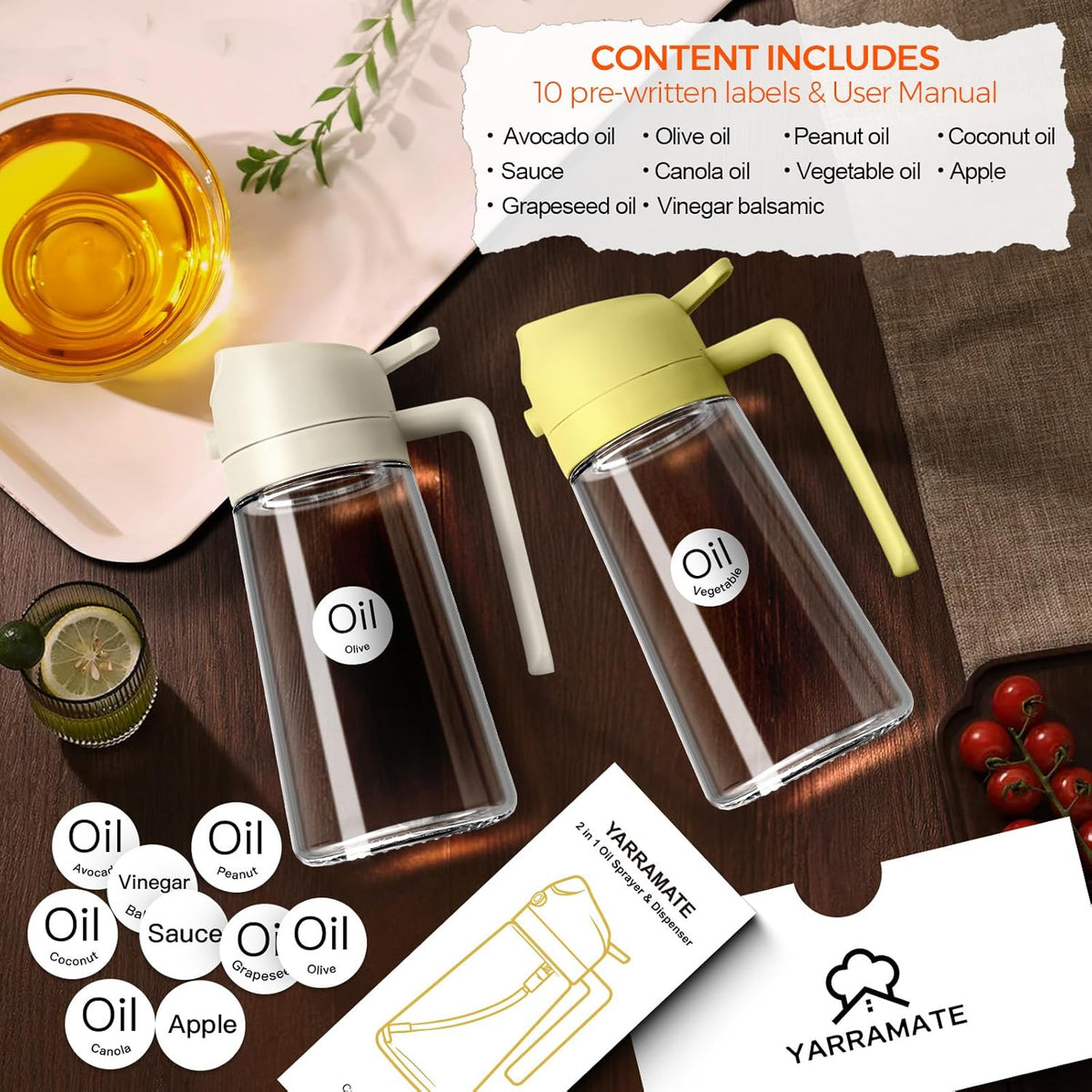 16 oz 2-in-1 Glass Olive Oil Sprayer for Cooking, Black | Food-grade dispenser bottle, 470 ml, spray and pour, portion control, stickers included, for salad, frying and BBQ