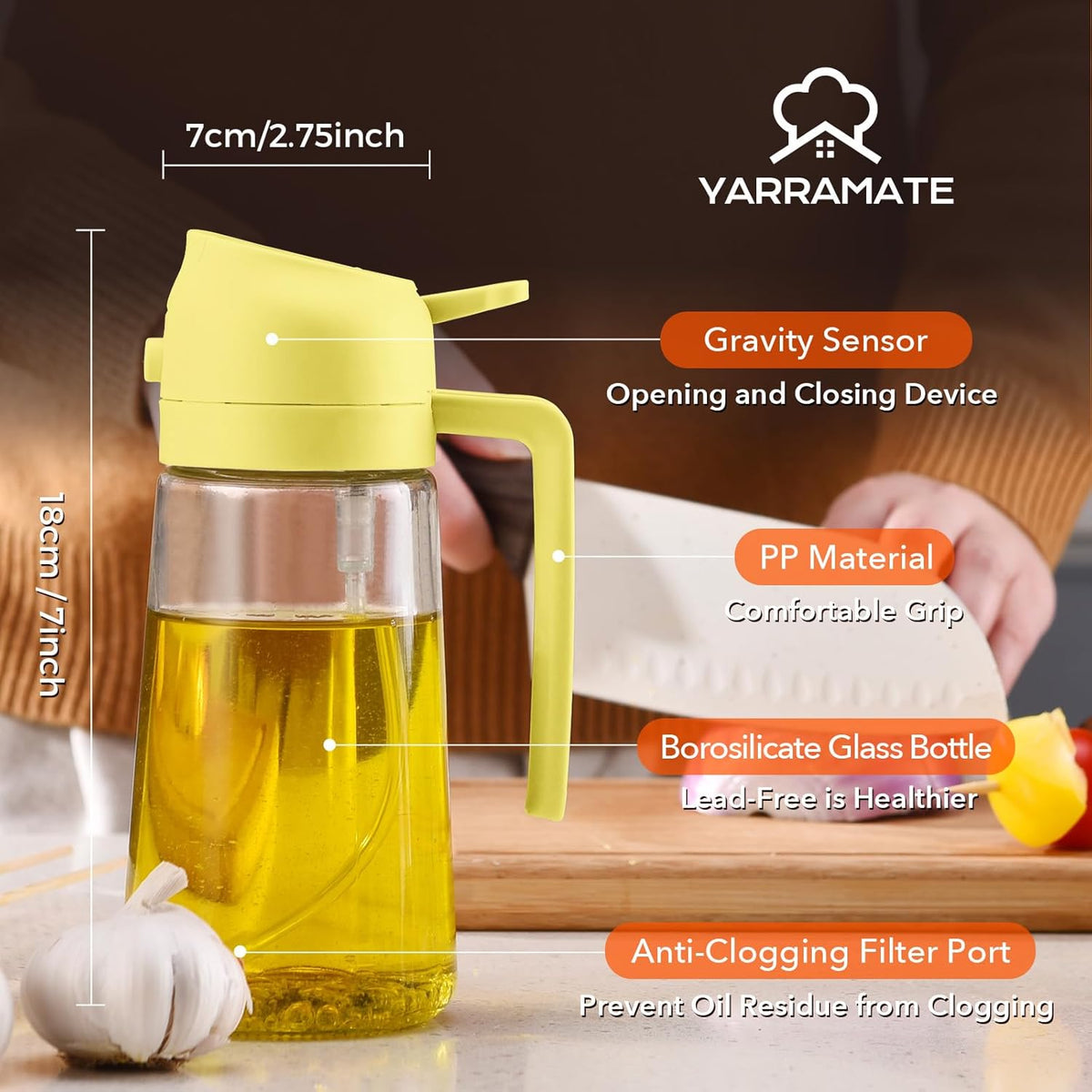 16 oz 2-in-1 Glass Olive Oil Sprayer for Cooking, Black | Food-grade dispenser bottle, 470 ml, spray and pour, portion control, stickers included, for salad, frying and BBQ