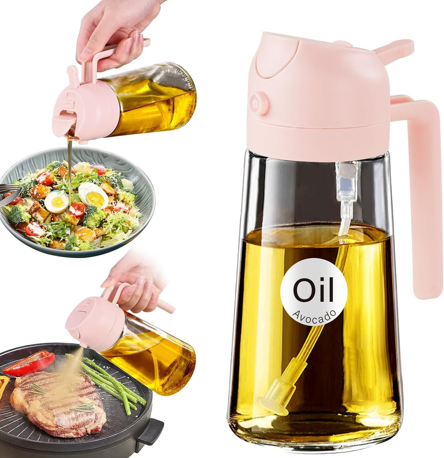 16 oz 2-in-1 Glass Olive Oil Sprayer for Cooking, Black | Food-grade dispenser bottle, 470 ml, spray and pour, portion control, stickers included, for salad, frying and BBQ