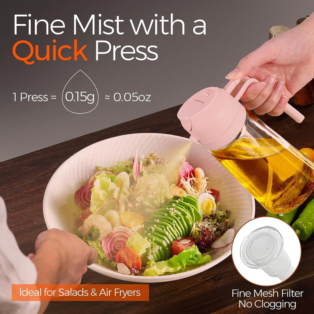 16 oz 2-in-1 Glass Olive Oil Sprayer for Cooking, Black | Food-grade dispenser bottle, 470 ml, spray and pour, portion control, stickers included, for salad, frying and BBQ