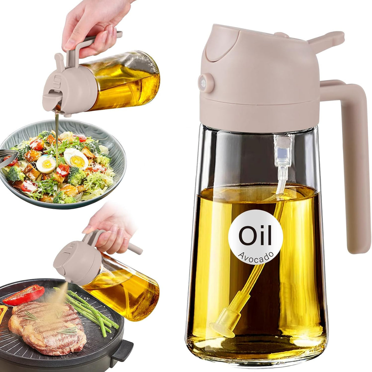 16 oz 2-in-1 Glass Olive Oil Sprayer for Cooking, Black | Food-grade dispenser bottle, 470 ml, spray and pour, portion control, stickers included, for salad, frying and BBQ
