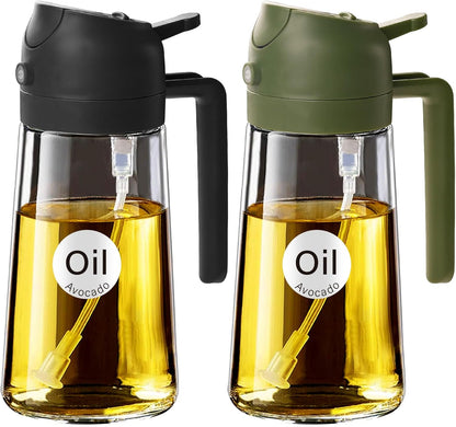 16 oz 2-in-1 Glass Olive Oil Sprayer for Cooking, Black | Food-grade dispenser bottle, 470 ml, spray and pour, portion control, stickers included, for salad, frying and BBQ