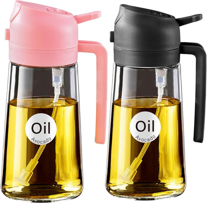 16 oz 2-in-1 Glass Olive Oil Sprayer for Cooking, Black | Food-grade dispenser bottle, 470 ml, spray and pour, portion control, stickers included, for salad, frying and BBQ