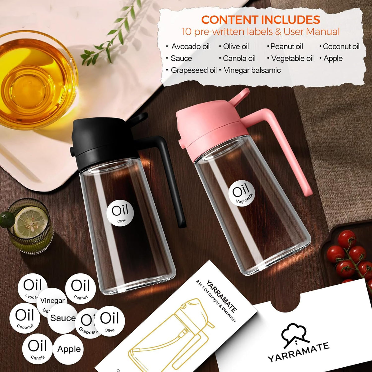 16 oz 2-in-1 Glass Olive Oil Sprayer for Cooking, Black | Food-grade dispenser bottle, 470 ml, spray and pour, portion control, stickers included, for salad, frying and BBQ
