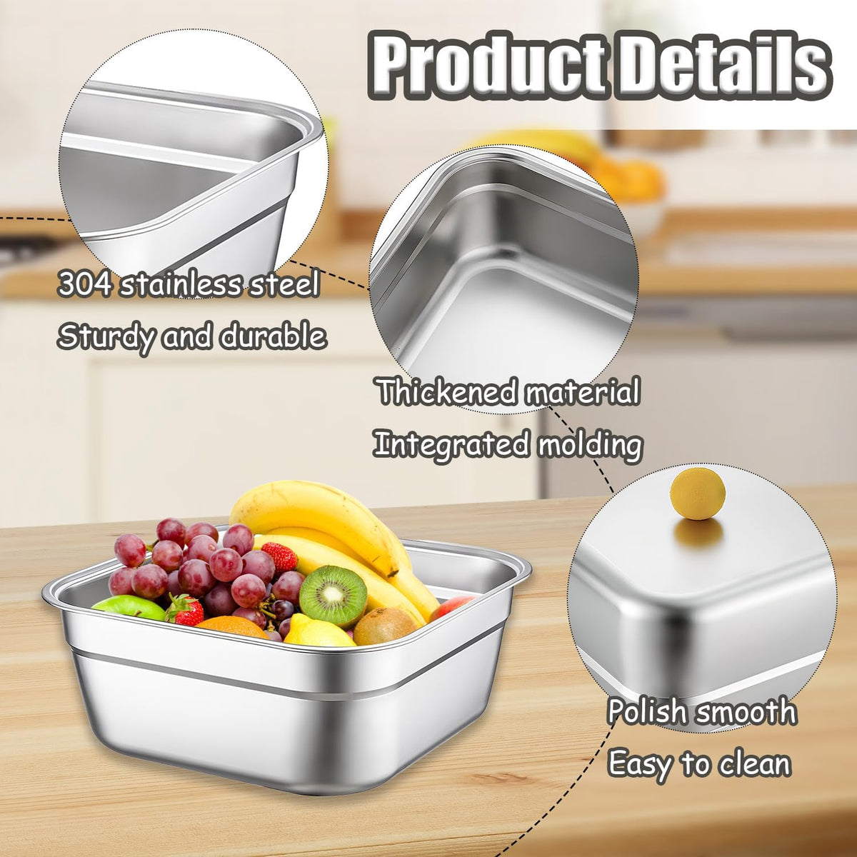 Stainless Steel Washing Up Bowls, 2PCS Square Dish Tub - Fruit Vegetable Washing Basin for Sink, Large Kitchen Containers & Sturdy Dishpans for Home Use, 12"