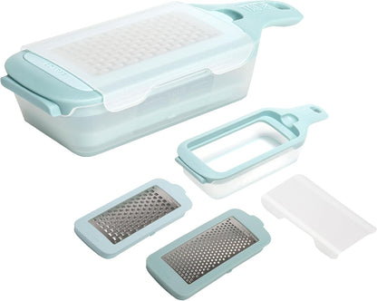 Interchangeable Grater with Storage Box, Includes Coarse & Fine Stainless Steel Blades, Non-Slip Base for Stability, Dishwasher Safe, Aqua