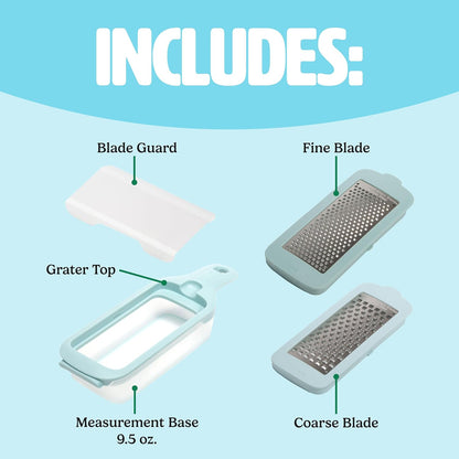 Interchangeable Grater with Storage Box, Includes Coarse & Fine Stainless Steel Blades, Non-Slip Base for Stability, Dishwasher Safe, Aqua