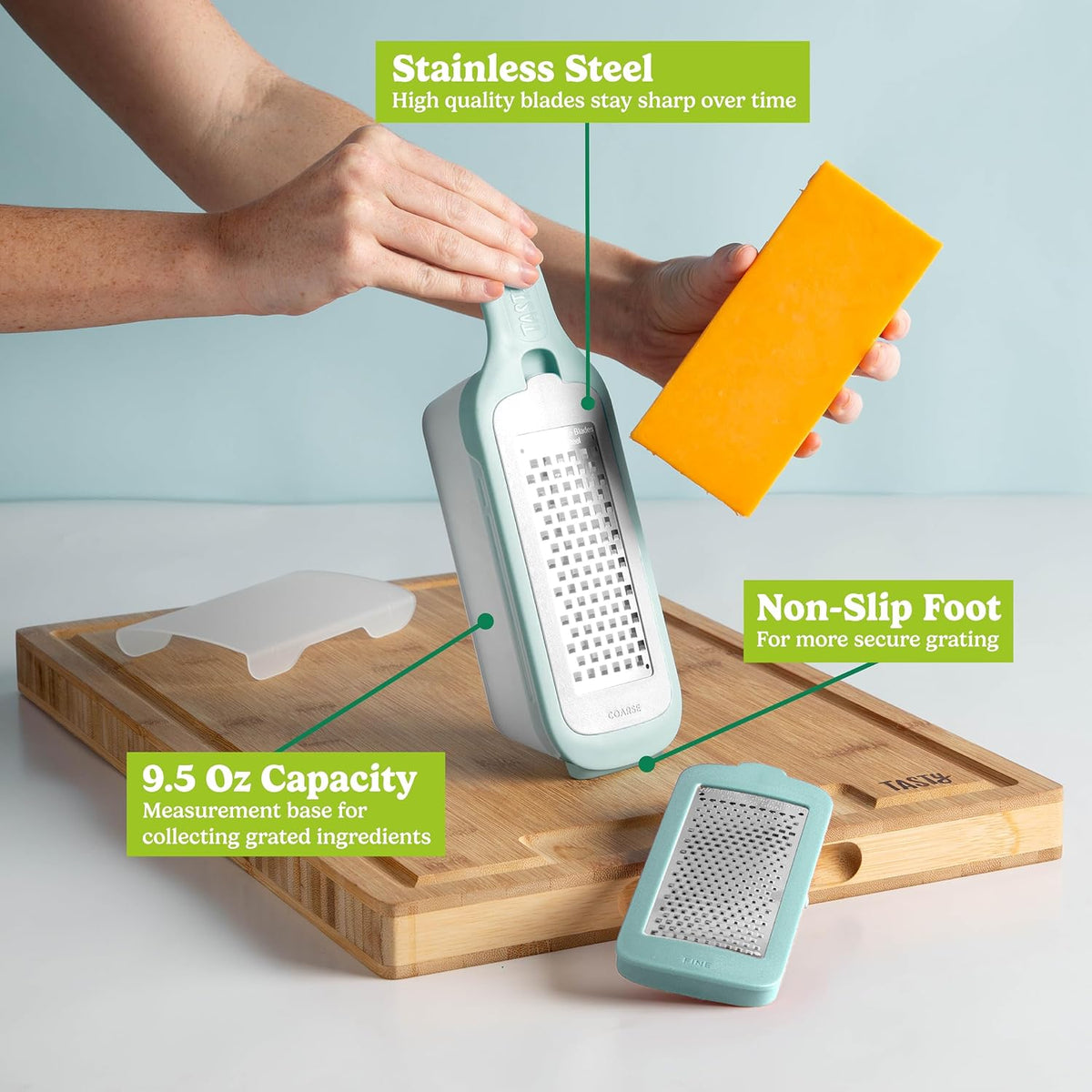 Interchangeable Grater with Storage Box, Includes Coarse & Fine Stainless Steel Blades, Non-Slip Base for Stability, Dishwasher Safe, Aqua