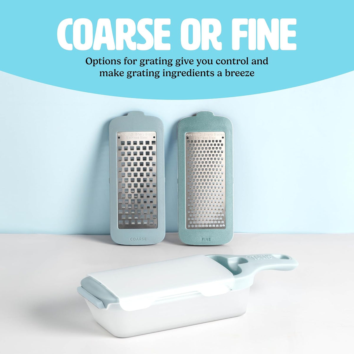 Interchangeable Grater with Storage Box, Includes Coarse & Fine Stainless Steel Blades, Non-Slip Base for Stability, Dishwasher Safe, Aqua