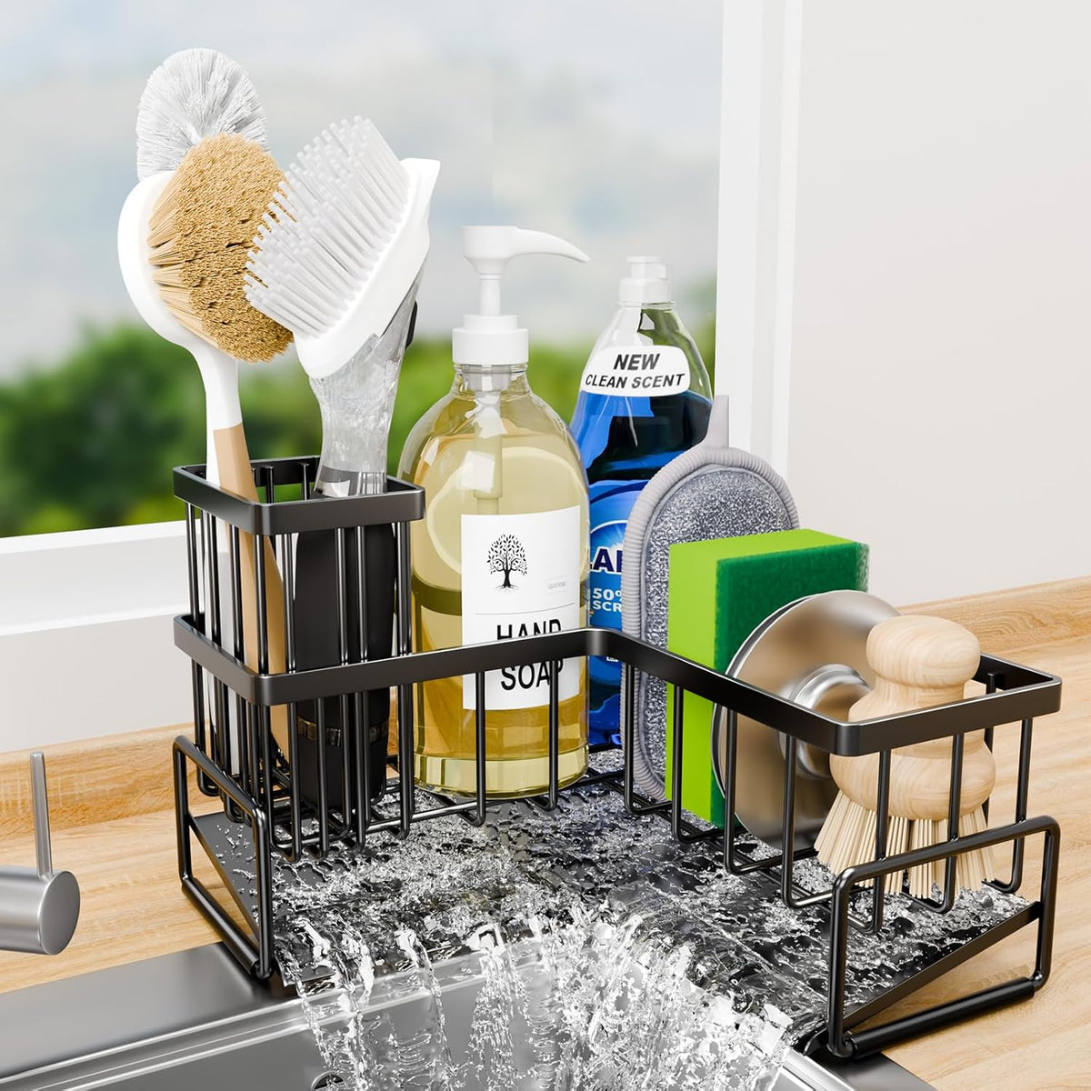 TEAMOLA L-Shaped Kitchen Sponge Holder, Extra Large Sponge Caddy for Sink, Black Sponge Caddy for Kitchen with Brush Holder, Metal Kitchen Countertop Organizer Essentials for Sink Sponge Caddy