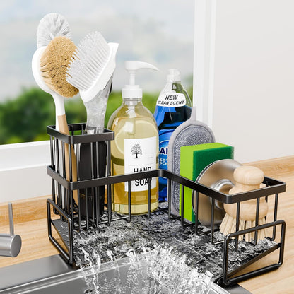 TEAMOLA L-Shaped Kitchen Sponge Holder, Extra Large Sponge Caddy for Sink, Black Sponge Caddy for Kitchen with Brush Holder, Metal Kitchen Countertop Organizer Essentials for Sink Sponge Caddy