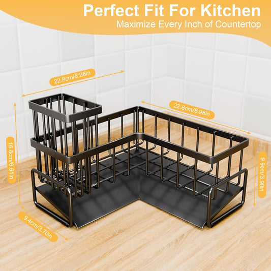 TEAMOLA L-Shaped Kitchen Sponge Holder, Extra Large Sponge Caddy for Sink, Black Sponge Caddy for Kitchen with Brush Holder, Metal Kitchen Countertop Organizer Essentials for Sink Sponge Caddy