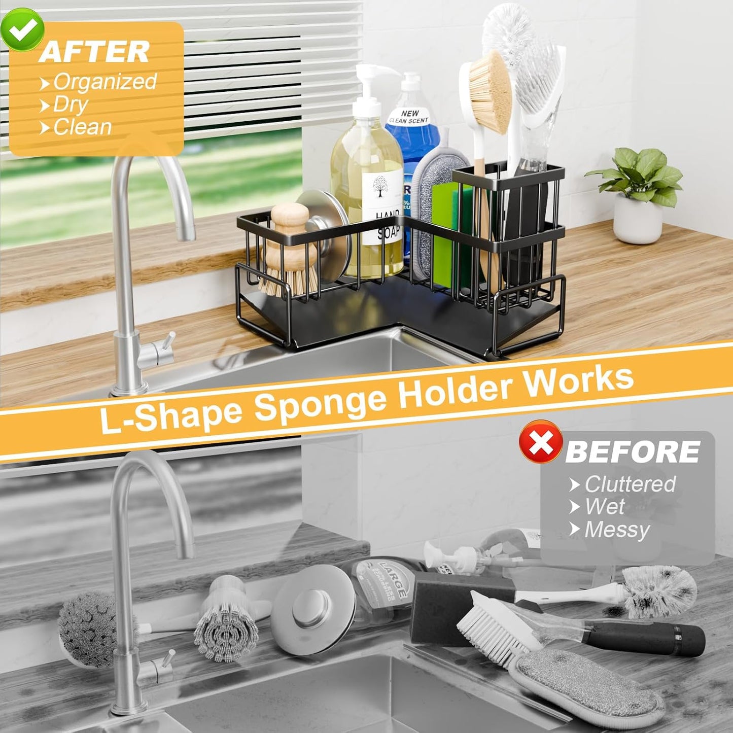 TEAMOLA L-Shaped Kitchen Sponge Holder, Extra Large Sponge Caddy for Sink, Black Sponge Caddy for Kitchen with Brush Holder, Metal Kitchen Countertop Organizer Essentials for Sink Sponge Caddy