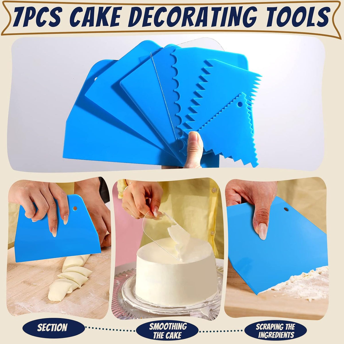 Teenitor Cake Scraper Cake Smoother, 7 Pcs Dough Scraper Bowl Scraper Cake Cutter Cake Spatula Bench Scraper Kitchen Plastic Scraper Tool Cake Decorating Kit
