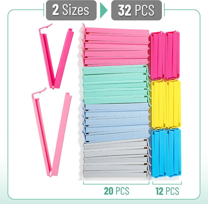Sealing Bag Chip Clips, 32 Pack, 2 Sizes (12x 3.1 & 20x 4.3) | Colorful Plastic Food Bag Sealing Clips for Food Packages, Kitchen and Home, Sturdy, Dishwasher & Freezer Safe