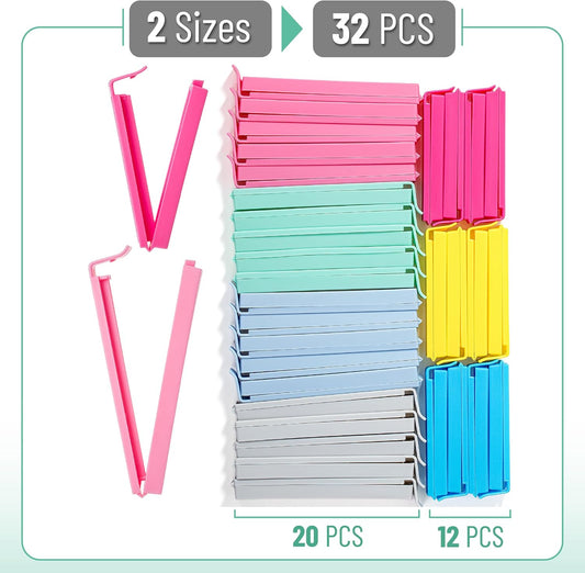 Sealing Bag Chip Clips, 32 Pack, 2 Sizes (12x 3.1 & 20x 4.3) | Colorful Plastic Food Bag Sealing Clips for Food Packages, Kitchen and Home, Sturdy, Dishwasher & Freezer Safe