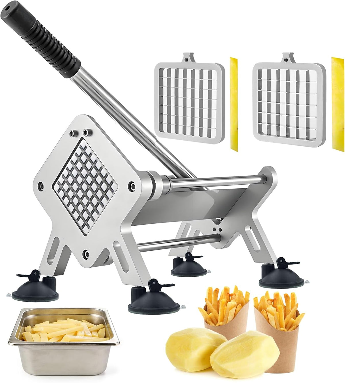 Stainless Steel Fry Cutter 1/2" & 3/8" Blades Home Silver JXR02 | Ideal for home & commercial use; heavy duty slicer for potatoes, carrots, cucumbers & onions