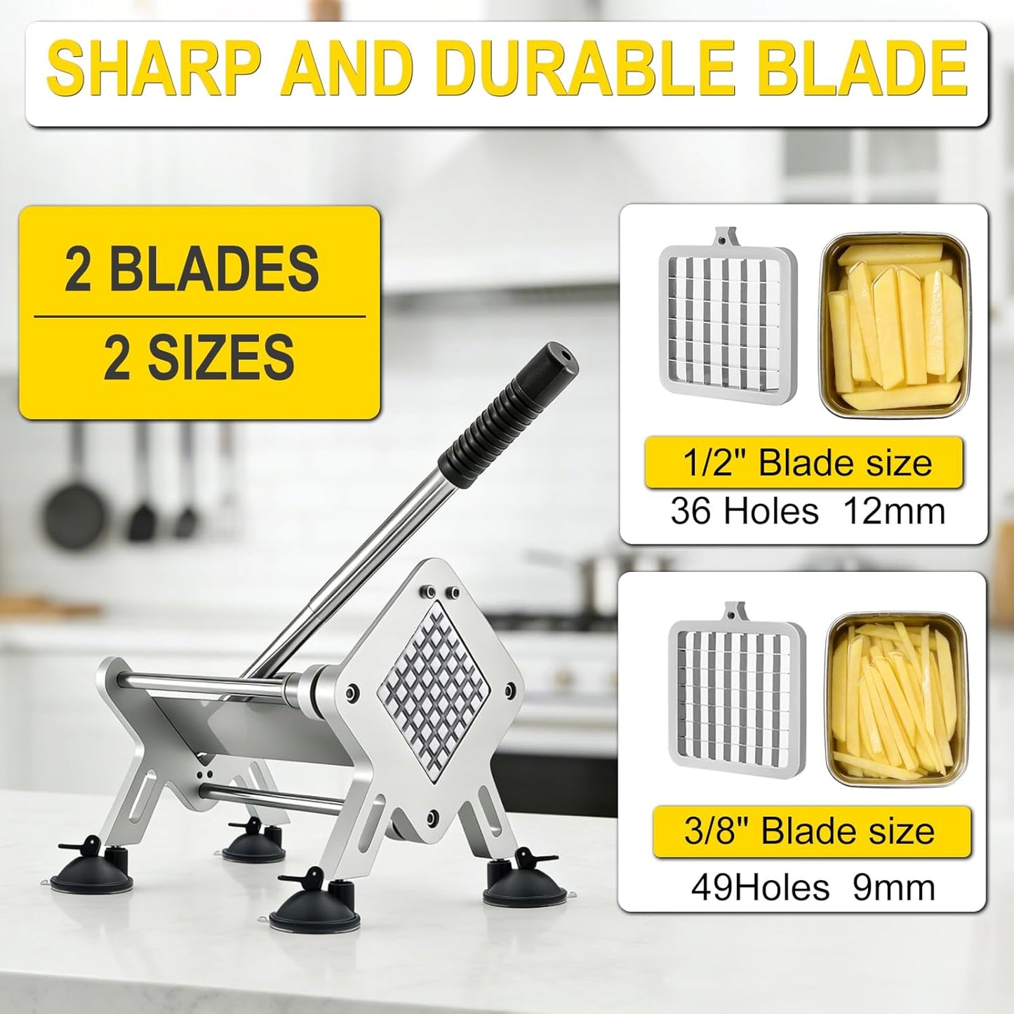 Stainless Steel Fry Cutter 1/2" & 3/8" Blades Home Silver JXR02 | Ideal for home & commercial use; heavy duty slicer for potatoes, carrots, cucumbers & onions