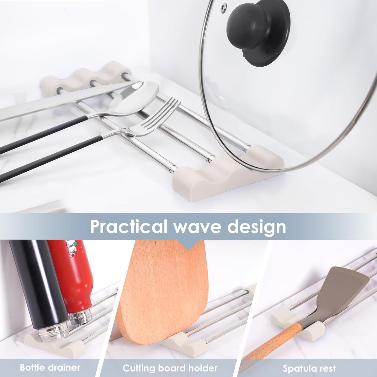 Adjustable Over-The-Sink Kitchen Rack for Dishcloths, Sponges, Bottles and Brushes - Heat-Resistant Stainless Steel with Slim, Expandable Design and Multifunctional Silicone Holder