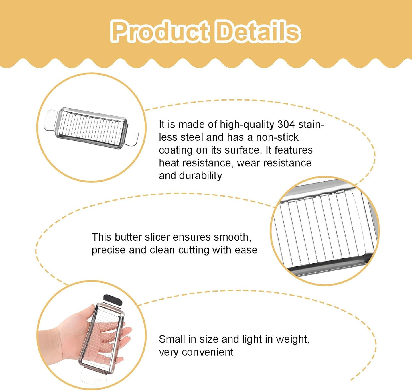 Butter Slicer Cutter, Stainless Steel Cheese Slicer Tool | 304 stainless steel handheld cutter for block cheese, soft fruits, eggs, and butter squares; dishwasher safe