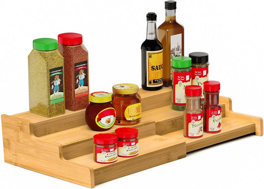 Spice Rack 3-Tier Natural Bamboo, Adjustable Cabinet Organizer Shelf