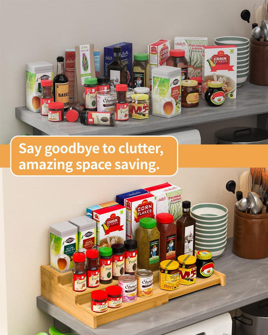 Spice Rack 3-Tier Natural Bamboo, Adjustable Cabinet Organizer Shelf