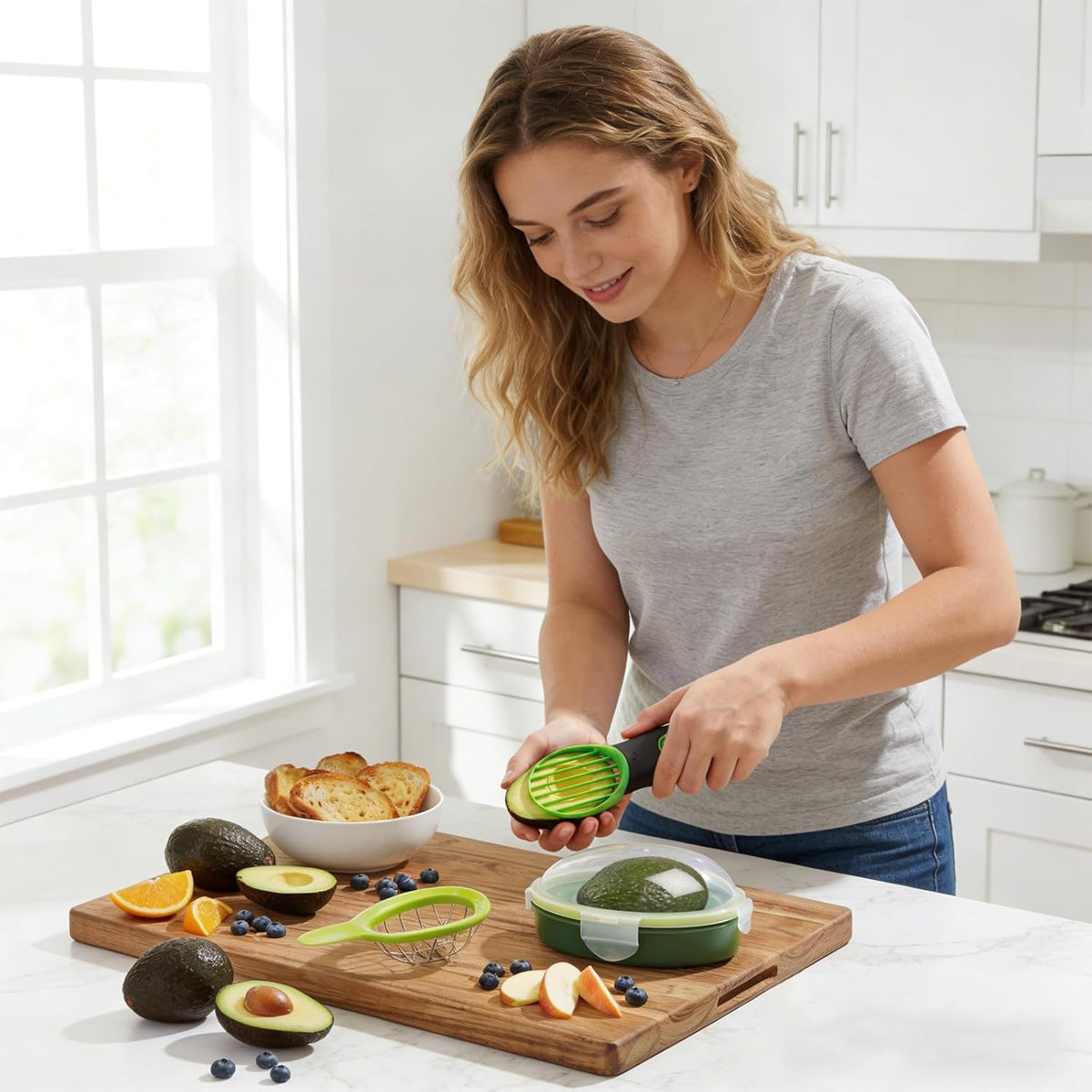 Egg Slicers, Avocado 3 Piece Set with Avocado Container, Includes Avocado Slicer and Avocado Cutter Tool, Dishwasher Safe for Slicing, Dicing and Keeping Avocados Fresh