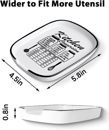 Funny Spoon Rest for Stove Top, Ceramic Spoon Holder for Kitchen Counter | Large Cooking Utensil Rest, Conversion Chart Modern Farmhouse Kitchen Decor and Accessories for Cooking Lovers, White