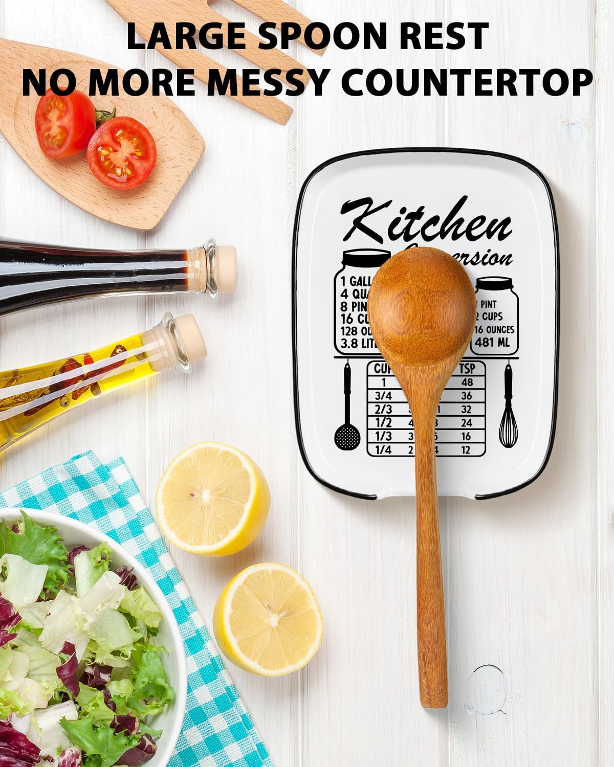 Funny Spoon Rest for Stove Top, Ceramic Spoon Holder for Kitchen Counter | Large Cooking Utensil Rest, Conversion Chart Modern Farmhouse Kitchen Decor and Accessories for Cooking Lovers, White