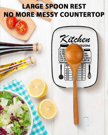 Funny Spoon Rest for Stove Top, Ceramic Spoon Holder for Kitchen Counter | Large Cooking Utensil Rest, Conversion Chart Modern Farmhouse Kitchen Decor and Accessories for Cooking Lovers, White