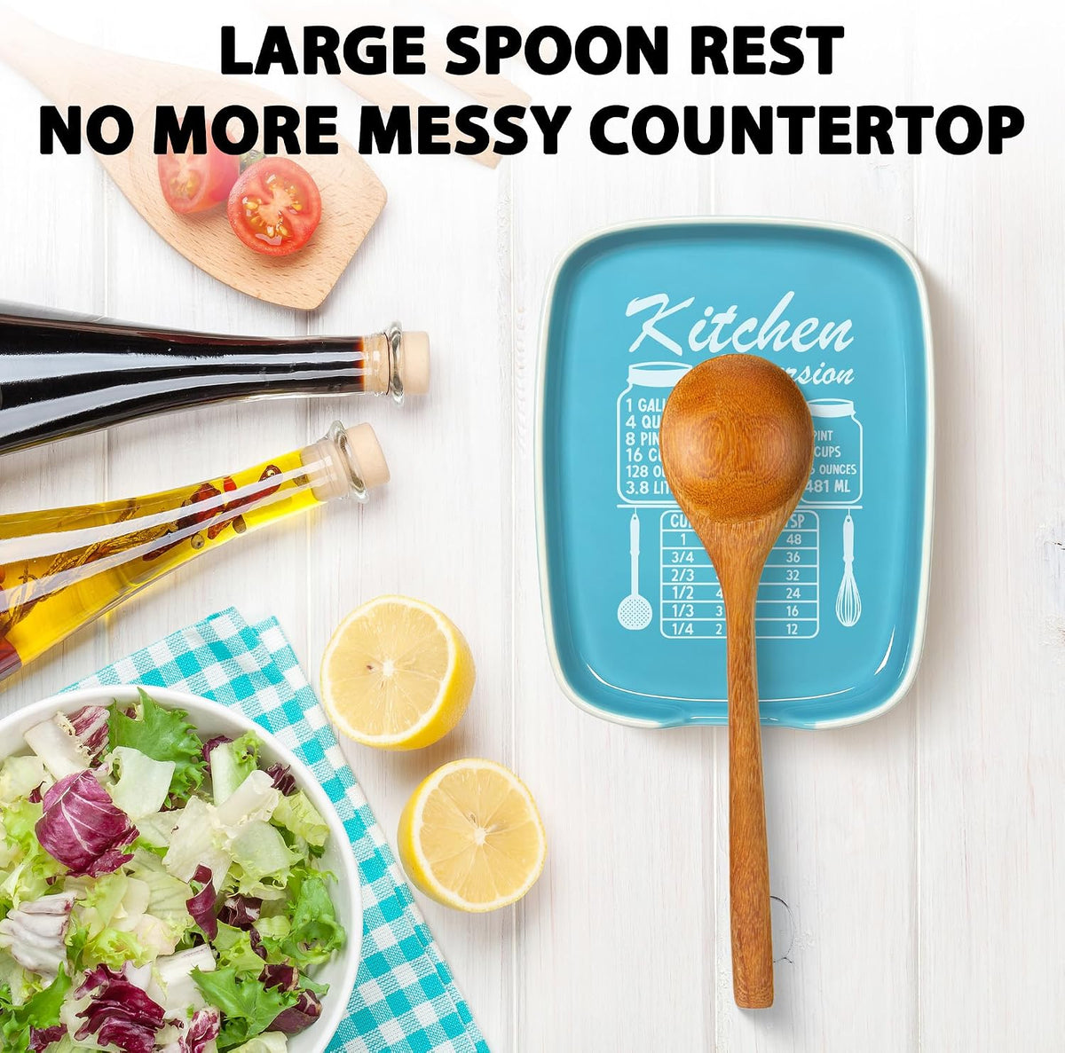 Funny Spoon Rest for Stove Top, Ceramic Spoon Holder for Kitchen Counter | Large Cooking Utensil Rest, Conversion Chart Modern Farmhouse Kitchen Decor and Accessories for Cooking Lovers, White