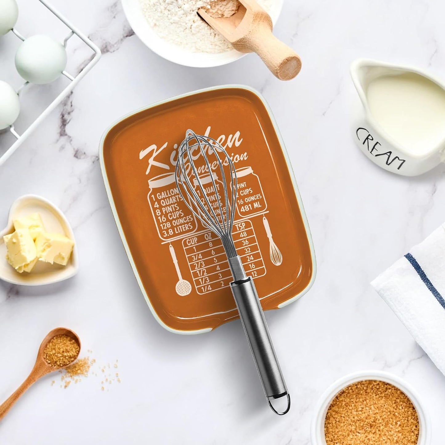 Funny Spoon Rest for Stove Top, Ceramic Spoon Holder for Kitchen Counter | Large Cooking Utensil Rest, Conversion Chart Modern Farmhouse Kitchen Decor and Accessories for Cooking Lovers, White