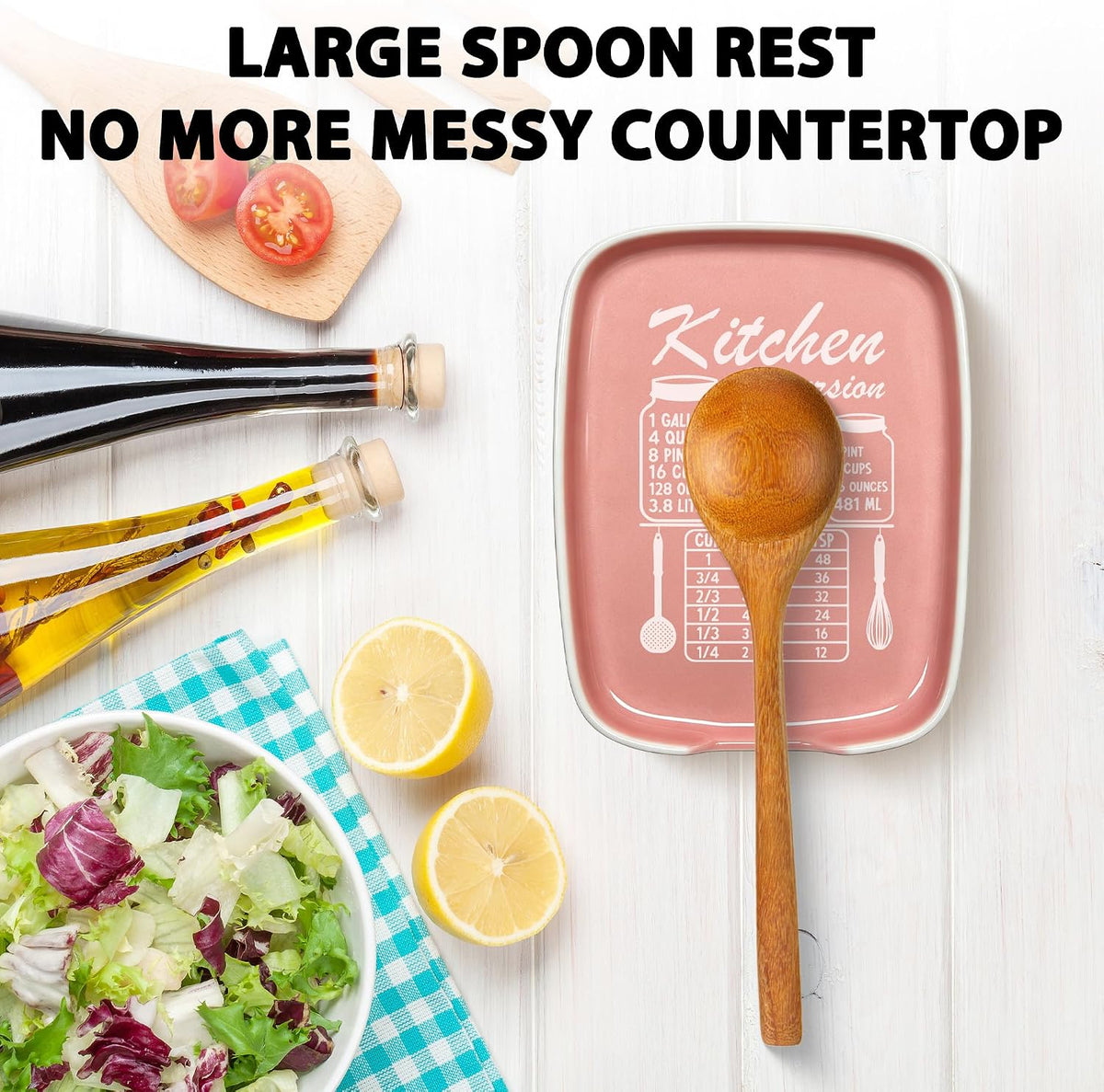 Funny Spoon Rest for Stove Top, Ceramic Spoon Holder for Kitchen Counter | Large Cooking Utensil Rest, Conversion Chart Modern Farmhouse Kitchen Decor and Accessories for Cooking Lovers, White