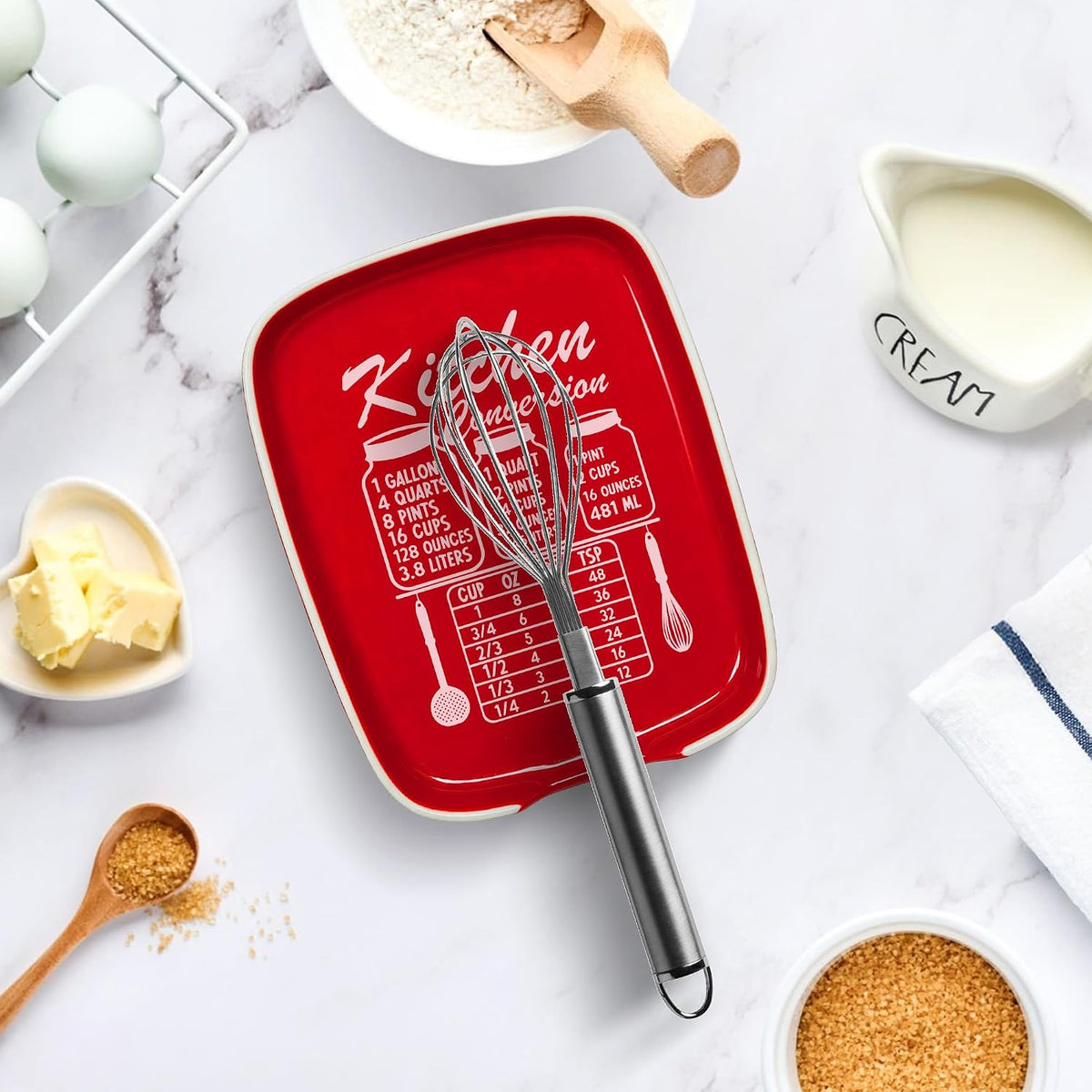 Funny Spoon Rest for Stove Top, Ceramic Spoon Holder for Kitchen Counter | Large Cooking Utensil Rest, Conversion Chart Modern Farmhouse Kitchen Decor and Accessories for Cooking Lovers, White